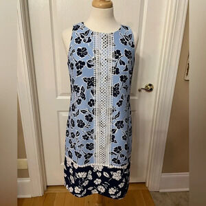 NWT Eliza J Blue Floral Lace Trim Sleeveless Shift Dress Size 8